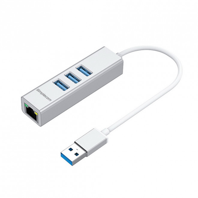 [9350414001966] Simplecom CHN420 Silver Aluminium 3 Port SuperSpeed USB HUB with Gigabit Ethernet Adapter