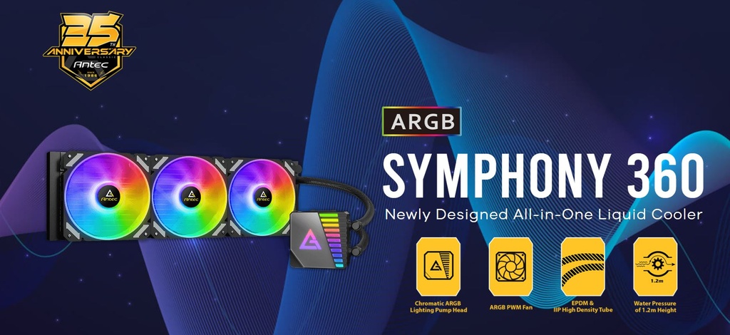 [761345740449] 761345740449 Antec SYMPHONY 360mm ARGB Advanced Liquid CPU Cooler, PWM LED Fan, PTFE Tubing, LGA 115x, 1200, 2011-v3, 2066, AM4, AM5, 3 Yrs Warranty (LS)