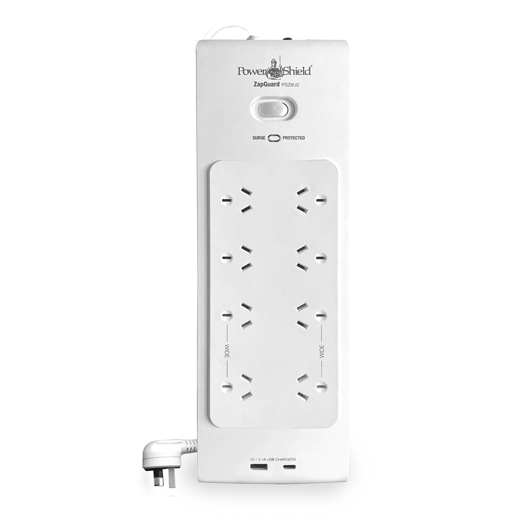 [9346909001146] 9346909001146 PowerShield PSZ8U2 ZapGuard 8 Way Power Surge Filter Board, USB A / C Connectors, Wide Spaced Sockets, Wall Mountable, $60,000 Connected Equipment