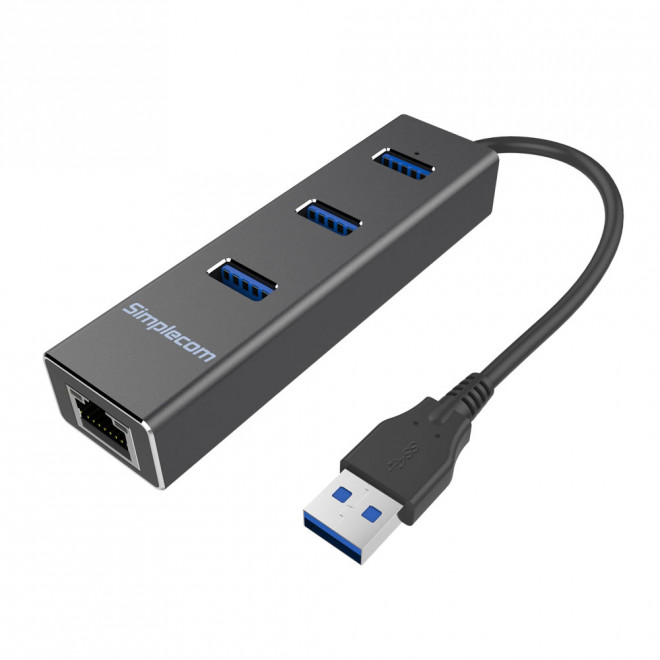 [9350414000716] Simplecom CHN410 Black Aluminium 3 Port USB 3.0 HUB with Gigabit Ethernet Adapter 1000Mbps for PC MAC (LS)
