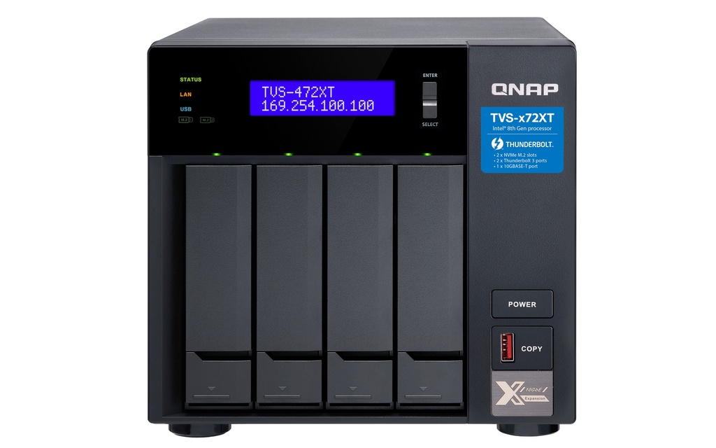 [4713213514542] 4713213514542 QNAP TVS-472XT-PT-4G 4 Bay NAS Intel® Pentium G5400T 2-core 3.1 GHz 4GB DDR4 Hot-swappable 2 xPCIe 2xGbE 1x10GBASE-T 2xThunderbolt 1xUSB3.2 2 yrs wty