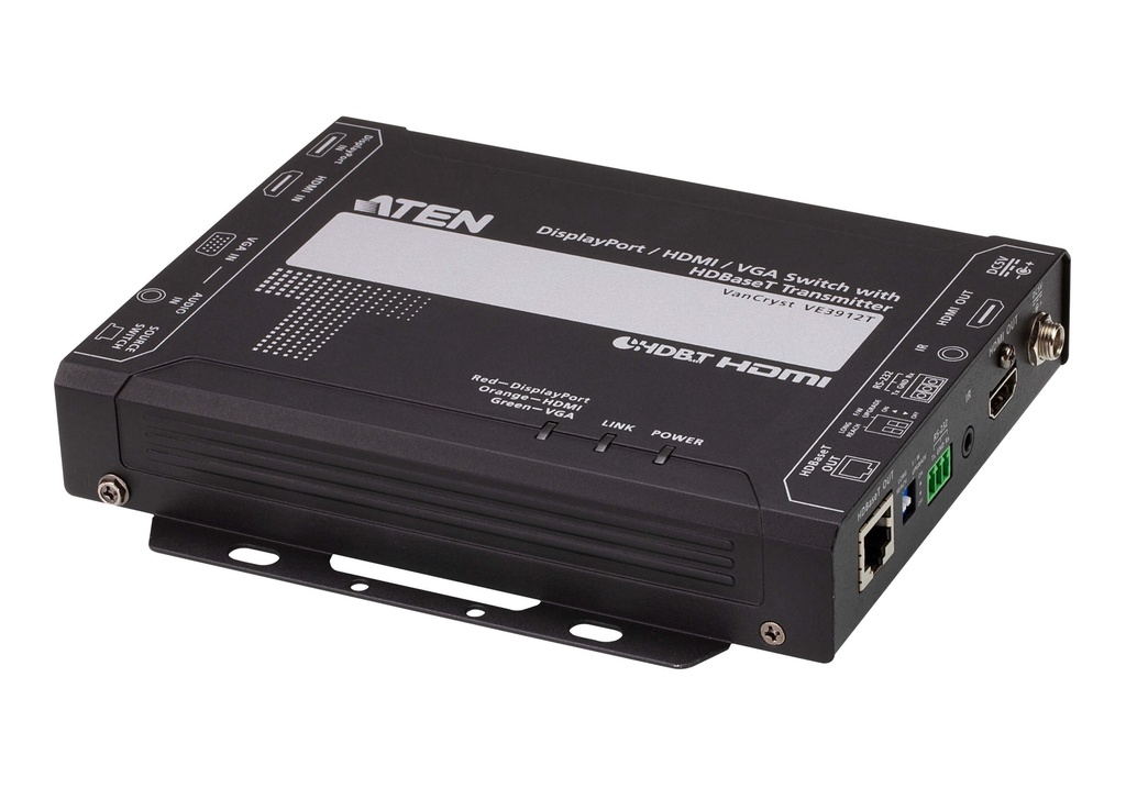 [4719264649851] 4719264649851 Aten VE3912T 4K DisplayPort / HDMI / VGA Switch with HDBaseT Transmitter, Auto Switch Mode, Mirrored Video Output, PoH