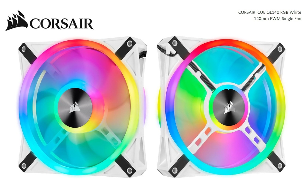 [840006619512] Corsair QL140 RGB White, ICUE, 140mm RGB LED PWM Fan 26dBA, 50.2 CFM, Single Pack