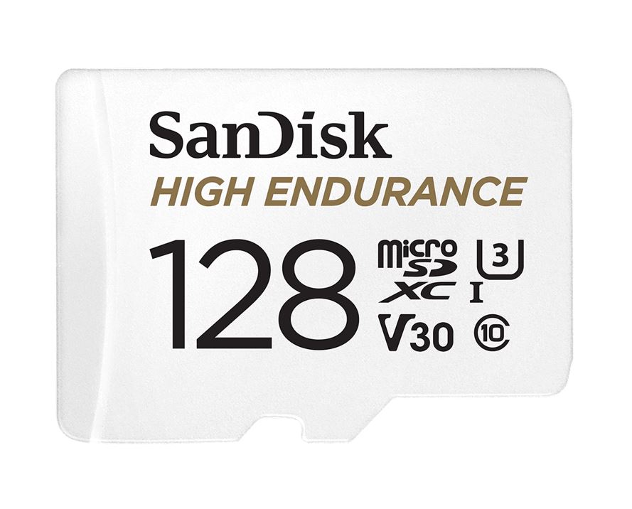 619659173104 SanDisk High Endurance 128GB microSD 100MB/s 40MB/s 10K hrs 4K UHD C10 U3 V30 -40°C to 85°C Heat Freeze Shock Temperature Water X-ray Proof SD Adapter