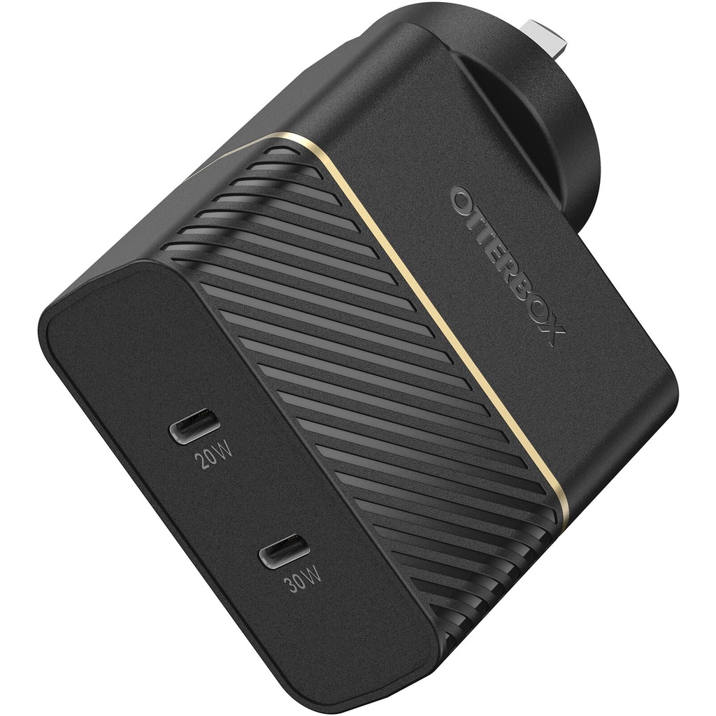 [840104252123] 840104252123 OtterBox 50W Dual Port USB-C PD Fast Wall Charger - Black (78-80354),2x USB-C (30W + 20W),Supports PPS, Compact, Safe, Ultra-Durable, 2 Years Warranty