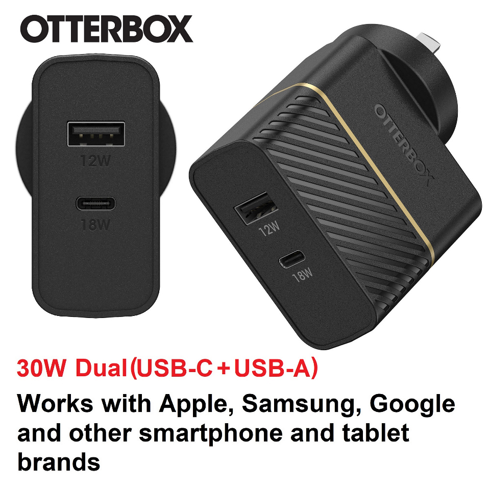 [840104227527] 840104227527 OtterBox 30W Dual Port Premium PD Fast Wall Charger - Black (78-80029),1x USB-A (12W), 1x USB-C (18W),Compact, Travel-Ready, 2 Years Warranty