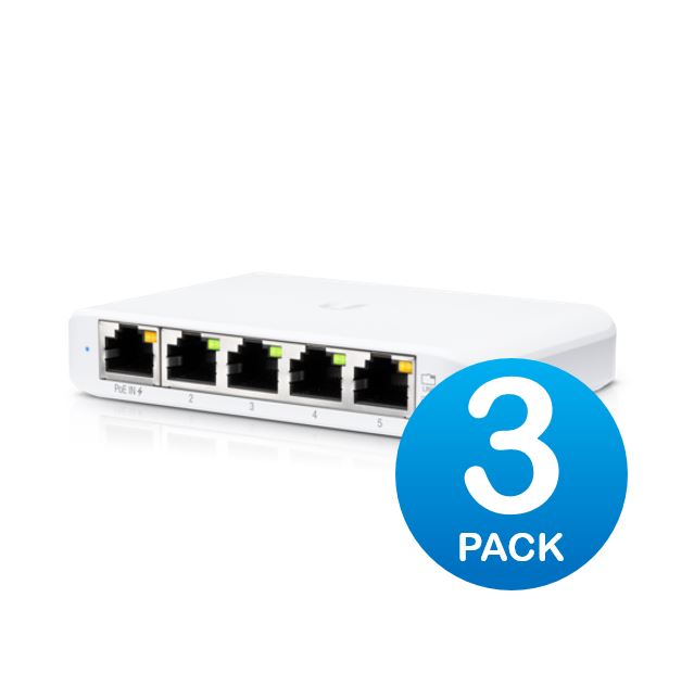 [810010071668] 810010071668 Ubiquiti USW Flex Mini 3 Pack - Managed, *No PSU/Cable*, UniFi, Layer 2 Gigabit Switch, 5x GbE RJ45 Ports, PoE (802.3af) or USB Type-C 5V 1A, 2Yr Warr