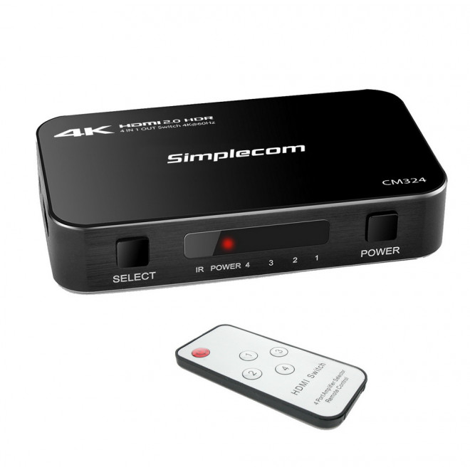 [9350414001287] Simplecom CM324 4 Way HDMI 2.0 Switch 4 IN 1 OUT Ultra HD 4K 60Hz HDR HDCP 2.2