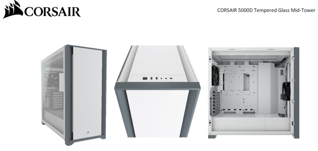 [840006627456] 840006627456 Corsair 5000D TG E-ATX, ATX, USB Type-C, 2x 120mm Airguide Fans, Radiator 360mm. 7+2 PCI Slots, 4x 2.5" SSD, 2x 3.5" HDD. VGA 420mm. White. Case (LS)