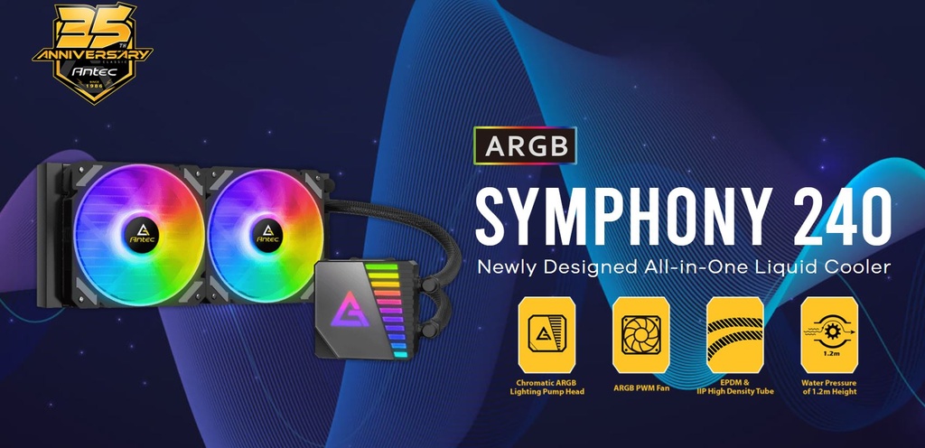 [761345740432] 761345740432 Antec SYMPHONY 240mm ARGB Advanced Liquid CPU Cooler, PWM Fan, PTFE Tubing, LGA 115x, 1200, 2011-v3, 2066, AM4, AM5, 3 Yrs Warranty (LS)