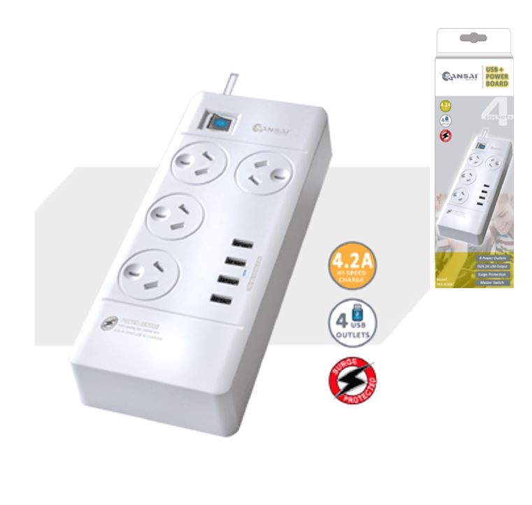[9324747010100] 9324747010100 Sansai 4 Outlets  4 USB Outlets Surge Protected Powerboard Master On/Off switch 1M lead  Right angle plug 230-240VAC IV Retail box