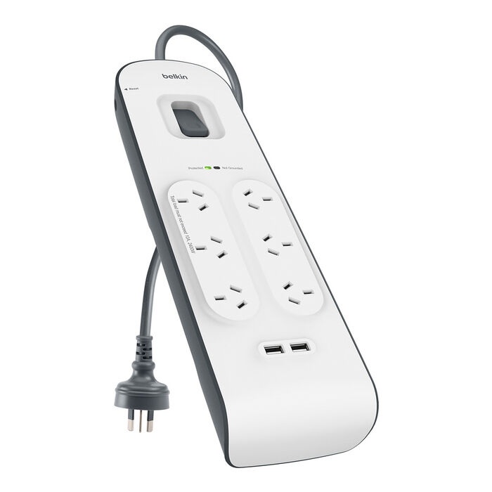 [745883651016] 745883651016 Belkin BSV604 6-Outlet 2-Meter Surge Protection Strip with two 2.4 amp USB charging ports, CEW $30,000,2YR, Power Board