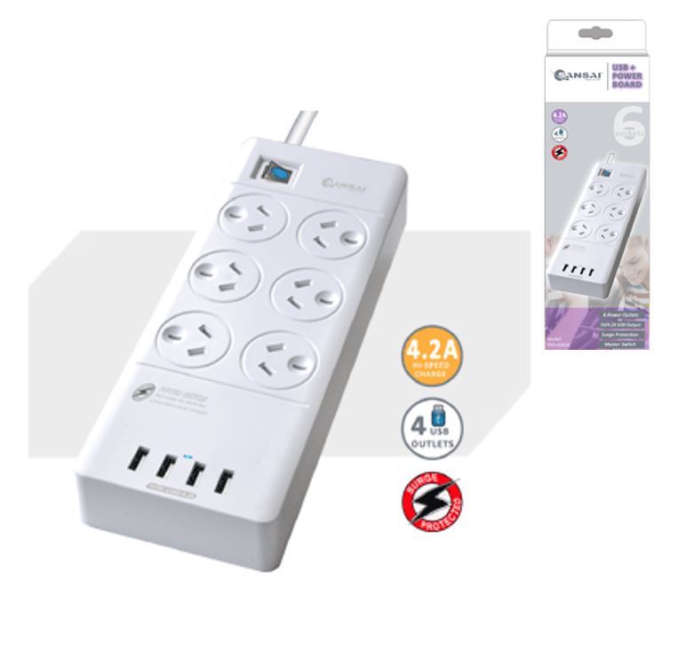 [9324747010117] 9324747010117 Sansai 6 Outlets  4 USB Outlets Surge Protected Powerboard Master On/Off switch Surge and overload protected 230-240VAC IV Retail box