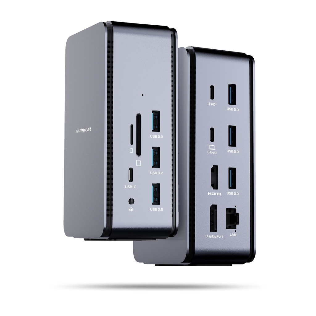 [9346396003388] 9346396003388 mbeat®  14 in 1 USB 4 Docking Station with 8k Video 40Gbps 1x USB-C 1x DP 1.4 1x HDMI 2.1 3.2 3x USB-A 3.2 1x USB-C PD 3x USB 2 Card Readers AUX Grey