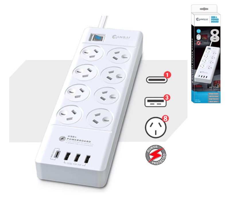 [9324747012159] 9324747012159 Sansai 8 Outlet 3*USB-A  1*USB-C Powerboard Master On/Off switch Surge and overload protected 1M 20W 220-240V 10A IV Retail box