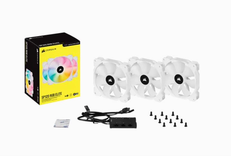 [840006637776] 840006637776 Corsair White SP120 RGB ELITE, 120mm RGB LED PWM Fan with AirGuide, Triple Pack with Lighting Node CORE (LS)