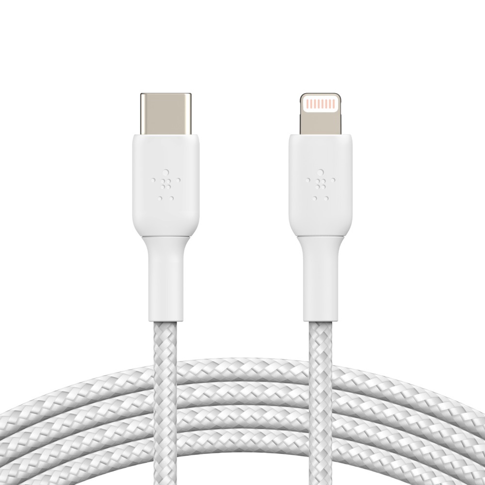 [745883788446] Belkin BoostCharge Braided Lightning to USB-C Cable (2m/6.6ft) - White (CAA004bt2MWH), 30W, 480Mbps, Apple iPhone / iPad / Macbook, 2YR