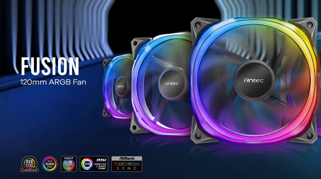 [761345777025] 761345777025 Antec Fusion 120mm ARGB PWM HB Fan, Airflow 57.93 CFM, Air Pressure 2.11, Noise Level 31.21. Woven Cable, PMW Daisy Chain design, 3 Yrs Warranty