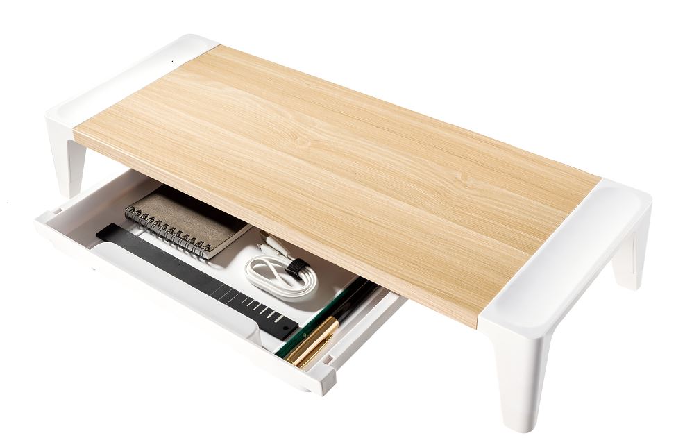 [9346396002923] 9346396002923 mbeat® activiva Eroglife Monitor Stand Riser with Storage Drawer -  Ergonomic Design, Reduces Eye Strain and Improves Work Posture, White Oak