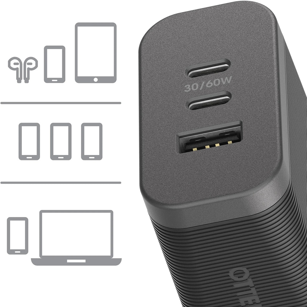 [840304707317] OtterBox 72W Triple Port Premium Pro PD Fast GaN Wall Charger - Black (78-81038), 1x USB-A (12W), 2x USB-C 30W (60W Shared), PPS, 2 Years Warranty