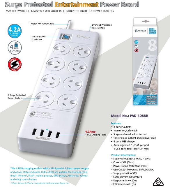 [9324747010124] 9324747010124 Sansai 8 Outlets  4 USB Outlets Surge Protected Powerboard Master On/Off switch 1M lead  Right angle plug 230-240VAC IV Retail box