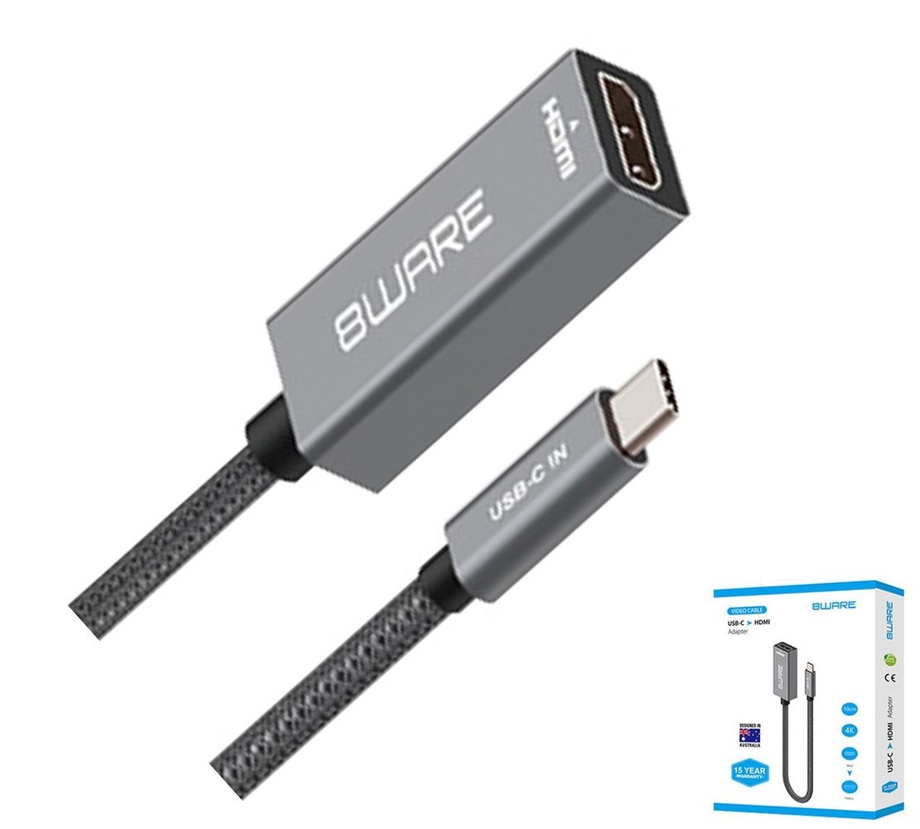 [754523500171] 8ware 10cm USB-C to HDMI Male-Female Adapter Converter Cable Retail Pack for PC Laptop iPad  MacBook Pro/Air Surface Dell XPS to Monitor Projector TV