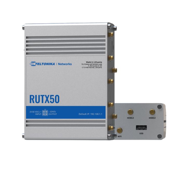 [4779051840250] 4779051840250 Teltonika RUTX50 Industrial 5G Router, 5G dual SIM cellular, 5 Gigabit Ethernet ports, dual-band WI-Fi, PSU included