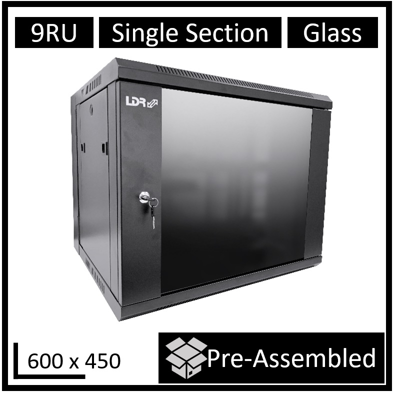 [RCLDR-SS450-9U-A] LDR Assembled 9U Wall Mount Cabinet (600mm x 450mm) Glass Door - Black Metal Construction - Top Fan Vents - Side Access Panels