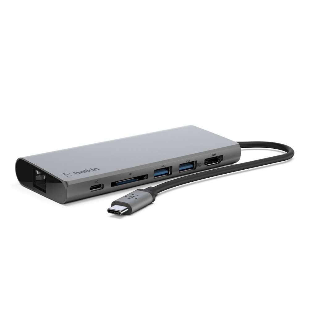 [745883708673] 745883708673 Belkin USB-C Multimedia Hub with 60W Power Delivery 1x4K HDMI 1xUSB-C 2xUSB-A 1xSD 1xGB Ethernet 5Gbps Compact Design Multiport Dock