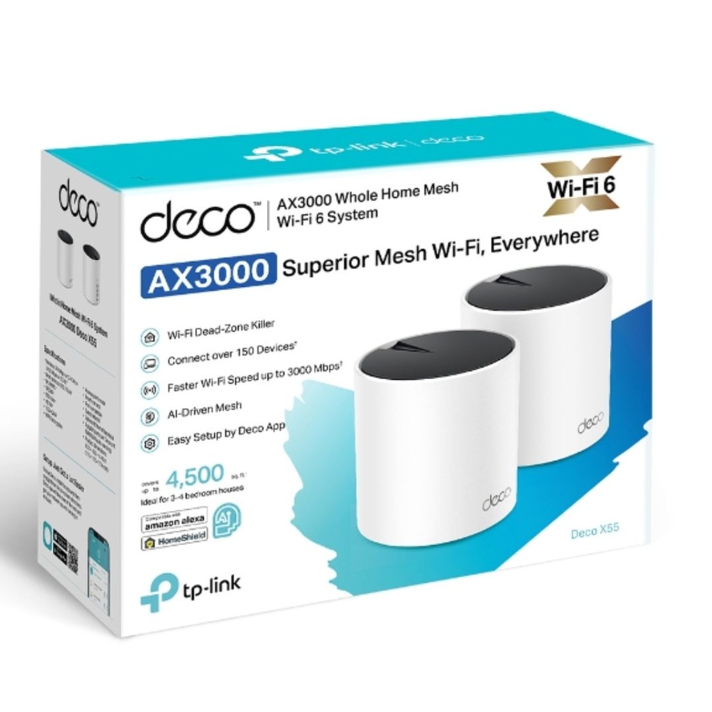 [4897098683002] TP-Link Deco X55(2-pack) AX3000 Whole Home Mesh WiFi 6 Router, Dual-Band with Smart Antennas, MU-MIMO, HomeShield Security
