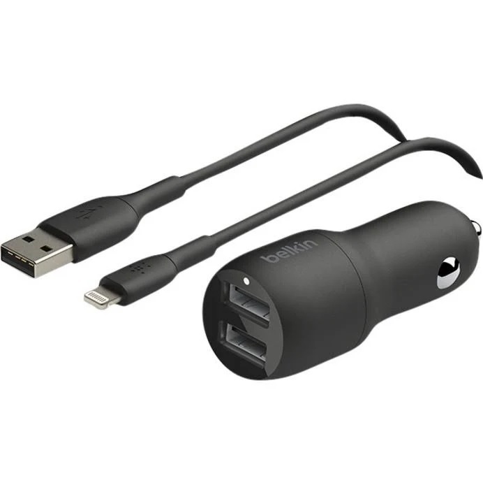 [745883790449] 745883790449 Belkin BoostCharge Dual USB-A Car Charger 24W + Lightning to USB-A Cable(1M) - Black(CCD001bt1MBK),2xUSB-A(12W),Dual Port Fast  Compact Charger,2YR