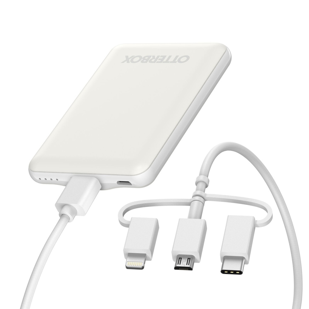[840262374583] 840262374583 OtterBox 5K mAh Power Bank with 3-in-1 Cable (USB-A to Lightning + USB-C + Micro-USB) - White (78-80836), Durable, Smart Char, 2 Years Warranty