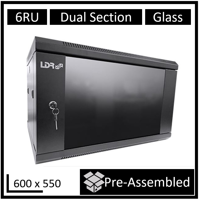 [RCLDR-DS550-6U-A] RCLDR-DS550-6U-A LDR Assembled 6U Hinged Wall Mount Cabinet (600mm x 550mm) Glass Door - Black Metal Construction - Top Fan Vents - Side Access Panels