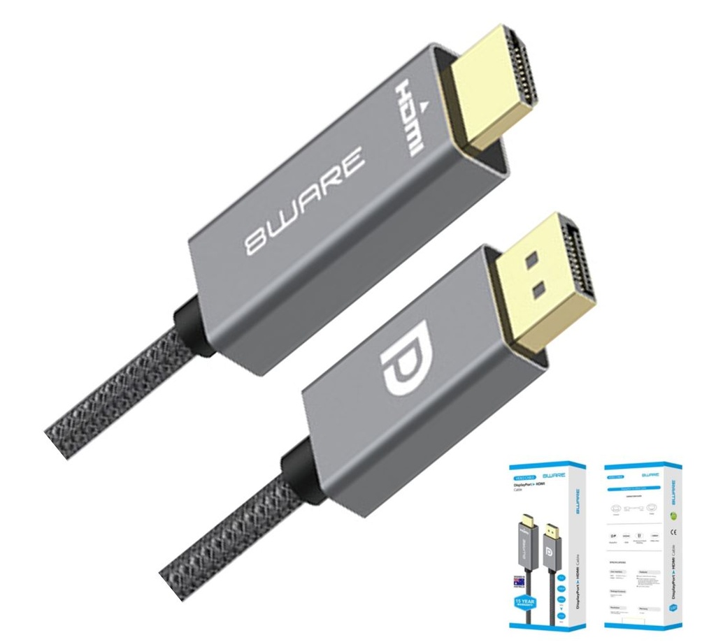 [744109262579] 744109262579 8ware 2m DisplayPort DP to HDMI Male to Male Adapter Converter Cable Retail Pack 1080P Nylon Braide for Video Card PC Notebook to Monitor Projector TV