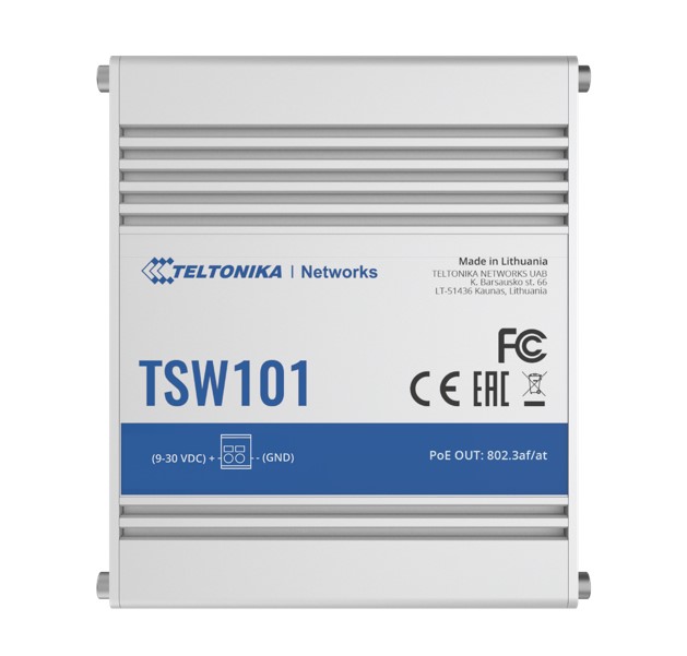 [4779051840113] Teltonika TSW101 Automotive POE+ Switch, 4x PoE Ports, 5 x Gigabit Ethernet Ports with speeds of up to 1000 Mbps, PSU excluded