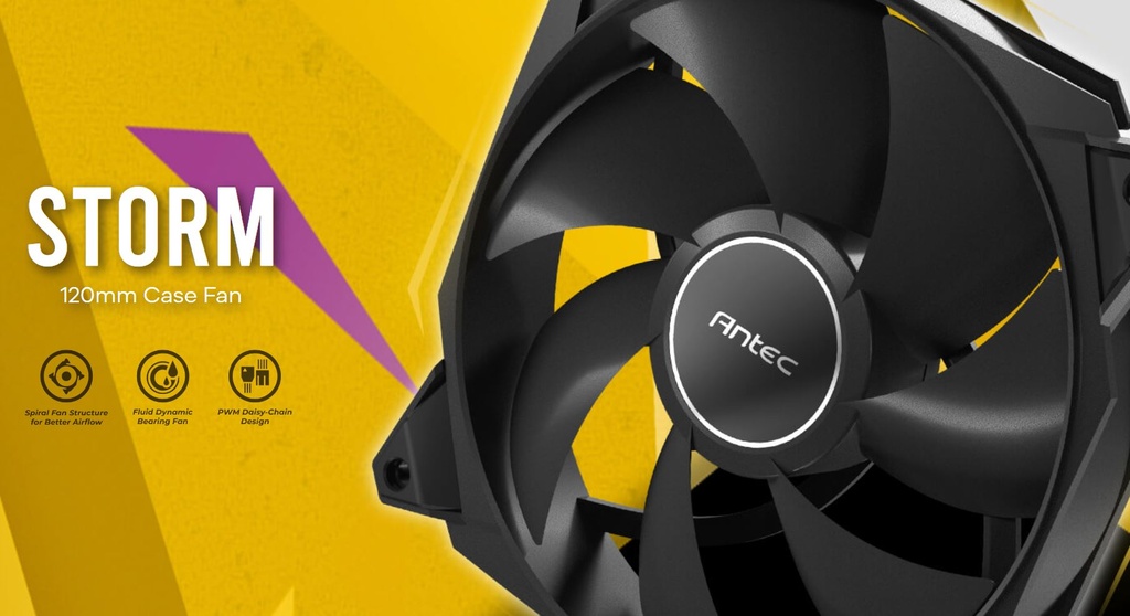 [761345570077] 761345570077 Antec Storm 120mm PWM FDB Fan 3 Pack, High Airflow 66.56 CFM, Air Pressure 2.7, Noise Level 25.8. Woven Cable, PMW Daisy Chain design, 3 Yrs Warranty