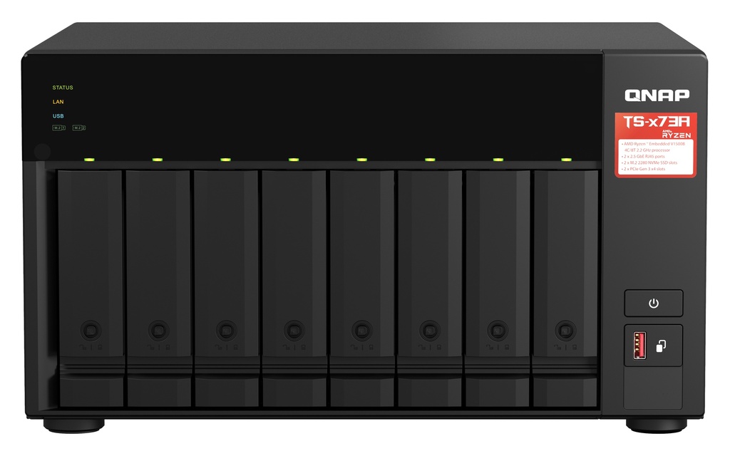 [4713213518823] 4713213518823 QNAP TS-873A-8G 8 Bay NAS AMD Ryzen™ Embedded V1500B 4-core/8-thread 2.2 GHz 8GB RAM 2xM.2 2280 PCIe 2x2.5GbE Hot-swappable WOL 3xUSB3.2 3YR WTY