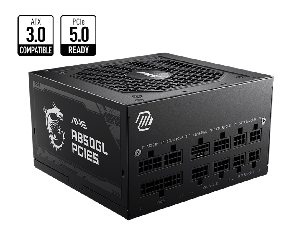 [4711377084253] MSI MAG A850GL PCIE5 850W Up to 90% (80 Plus Gold) ATX Power Supply Unit, PFC, 100~240 VAC, 850W, 47-63Hz, PCI-E, SATA, FDD