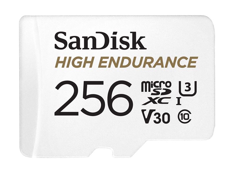 619659173227 SanDisk High Endurance 256GB microSD 100MB/s 40MB/s 20K hrs 4K UHD C10 U3 V30 -40°C to 85°C Heat Freeze Shock Temperature Water X-ray Proof SD Adapter