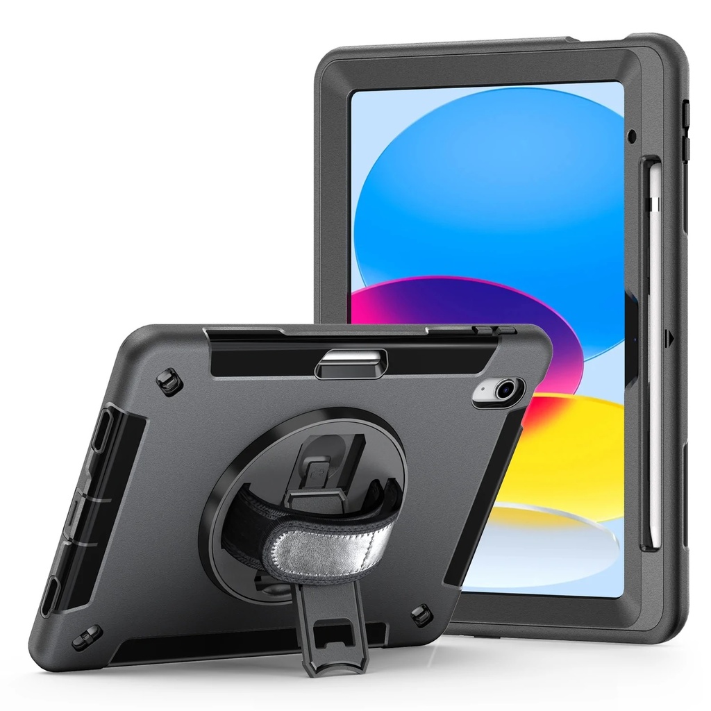 [6972890207521] 6972890207521 Generic Rugged Apple iPad (10.9") (10th Gen) Case Black - Built-in-Kickstand, Adjustable Hand Strap, Pen Holder, DropProof, ShockProof