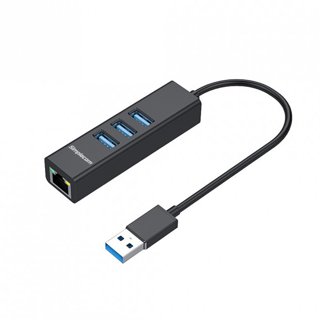[9350414001959] 9350414001959 Simplecom CHN420 Black Aluminium 3 Port SuperSpeed USB HUB with Gigabit Ethernet Adapter