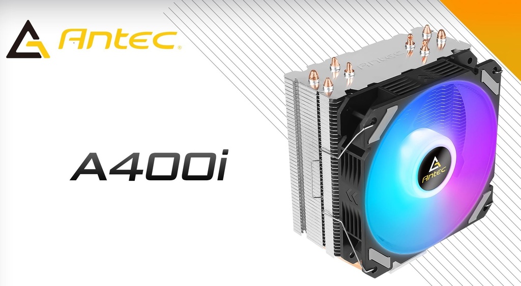 [761345109130] Antec A400i RGB , 72 CFM, 4 Direct Heat-Pipes, 120mm PWM RGB Fan,1700, 115X, 1200, 2011, AM3, AM3+, AM4+,, FM1, FM2, FM2+ CPU Air Cooler 1yr wty