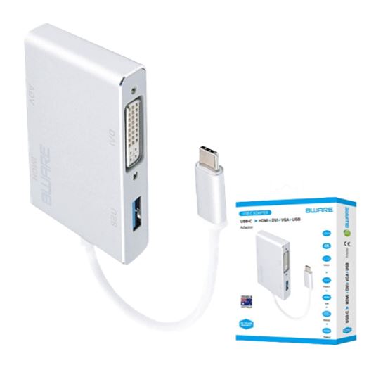 [754523500201] 8ware 4-in-1 Hub 4K USB C to HDMI DVI VGA Adapter with USB 3.1 Gen 1 Port for Mac Book Pro 2018 Chromebook Pixel XPS Surface Go(Retail Package)