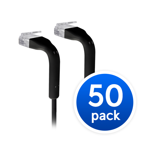 [810010074119] Ubiquiti UniFi Patch Cable, 50-Pack, Reduced Packaging (Low Plastic), Length 0.1m, BLACK, Both End Bendable to 90 Degree, RJ45 Cat6, 2Yr Warr