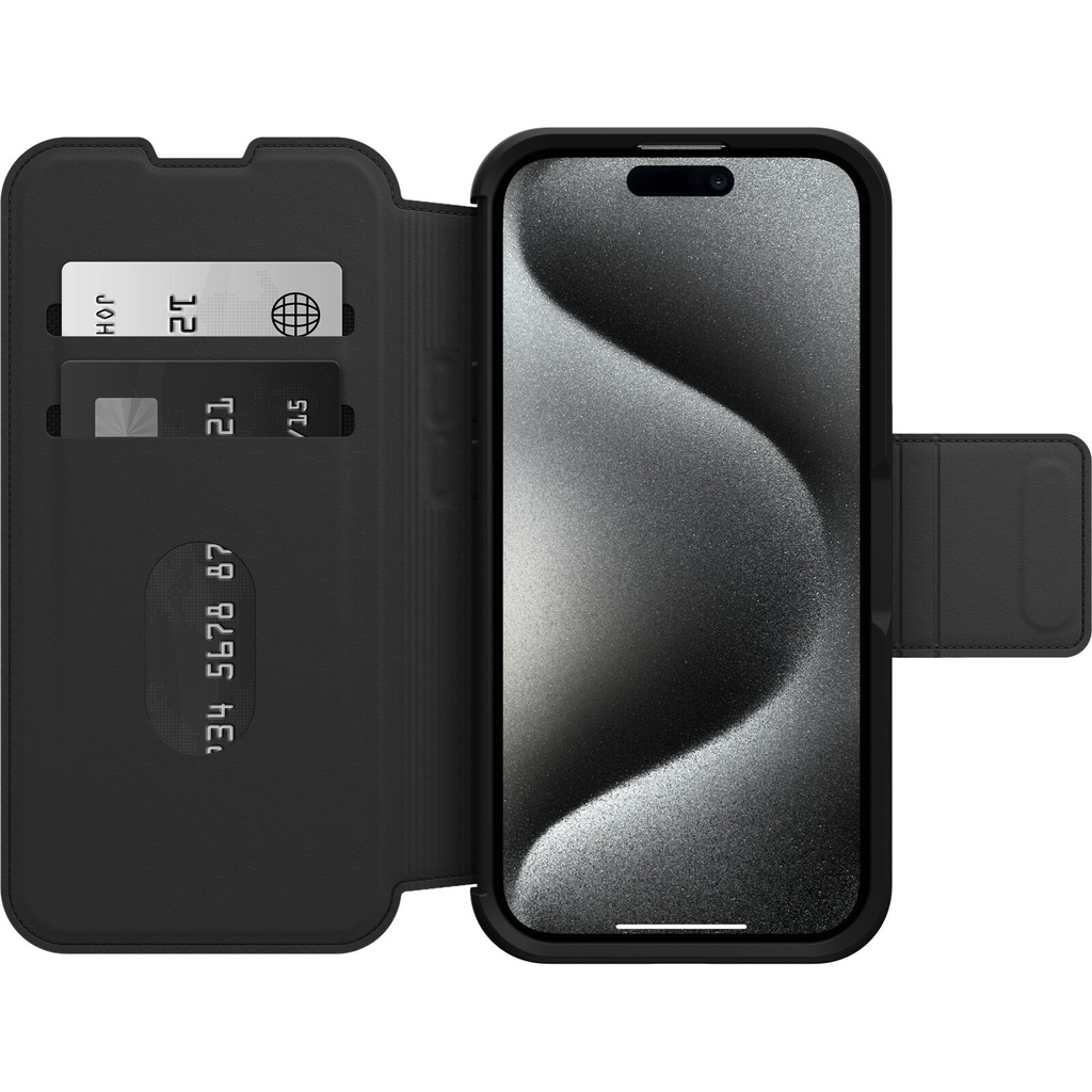 [840304739196] 840304739196 OtterBox Strada MagSafe Apple iPhone 15 Pro (6.1") Case Shadow (Black) - (77-93560), DROP+ 3X Military Standard, Leather Folio Cover,7 Years Warranty