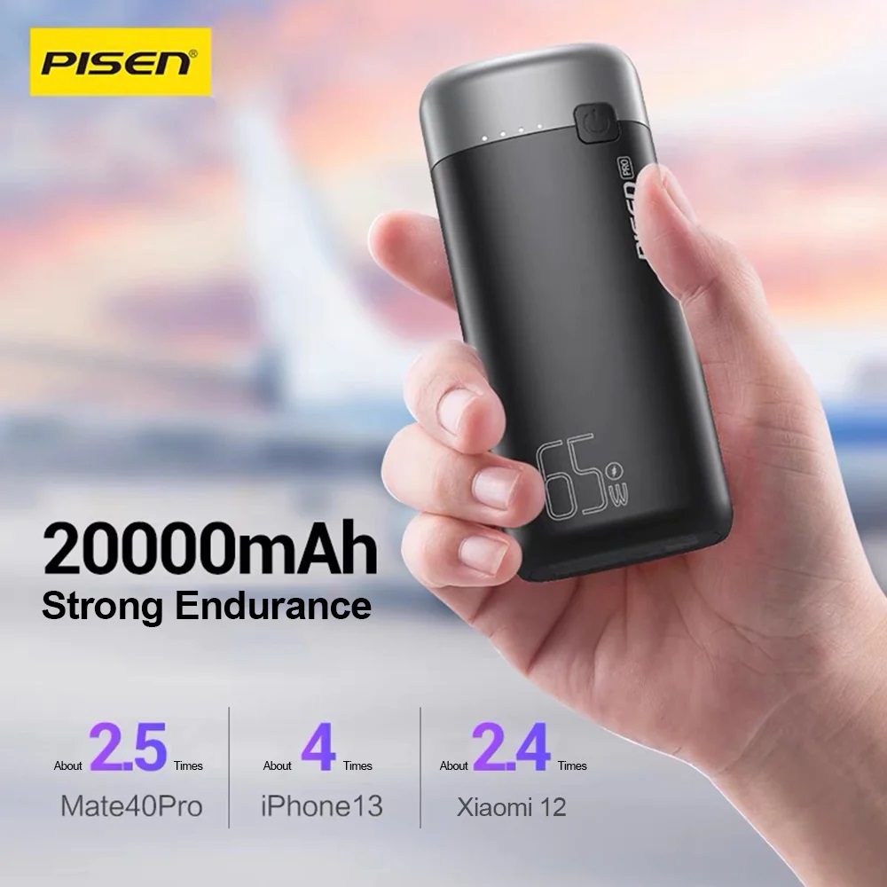 [6902957190350] 6902957190350 Pisen PRO Triple Port 20k mAh (65W) Laptop Power Bank - Black, 2x USB-A  1x USB-C, LED Digital Display, Smart Protection Chip, Prevents Overcharge