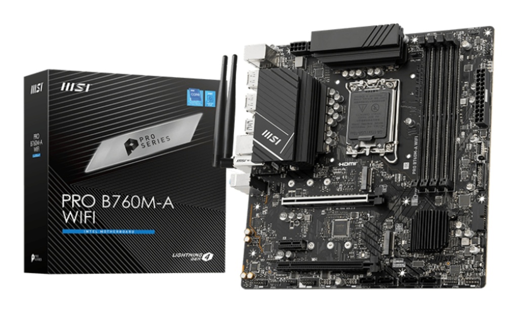 [4711377059572] 4711377059572 MSI PRO B760M-A WIFI  mATX Motherboard, 4x DDR5~128GB, 2x PCI-E x 16, 1x PCI-E x 1, 2x M.2, 4x SATA, 4x USB 3.2 , 2x USB 2.0