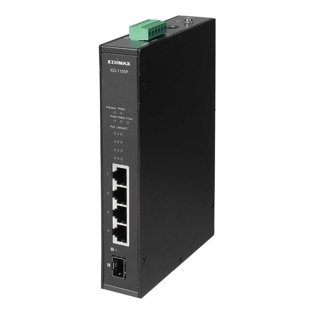 [4717964704689] 4717964704689 Edimax IGS-1105P Industrial 5-Port Gigabit Din-Rail Switch- 4 Gigabit PoE+ ports and 1 SFP uplink
