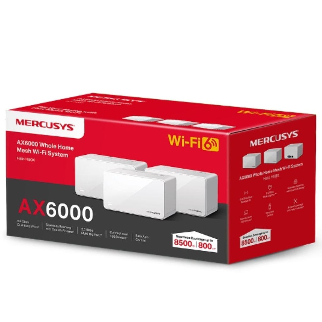 [6957939000950] 6957939000950 Mercusys Halo H90X(3-pack) AX6000 Whole Home Mesh Wi-Fi 6 System, 6000 Mbps Dual Band Wi-Fi, Up to 800 Square Meters, 1148/4804 Mbps, MU-MIMO (WIFI6)