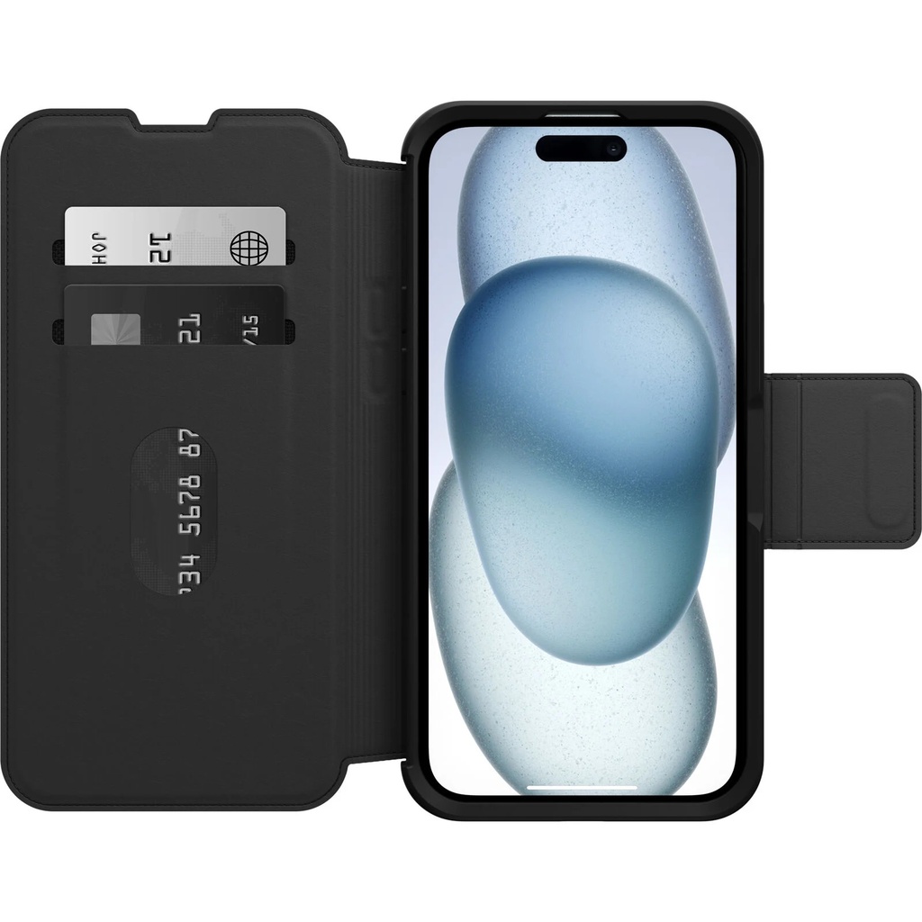 [840304739233] OtterBox Strada MagSafe Apple iPhone 15 Plus (6.7") Case Shadow (Black) - (77-93564), DROP+ 3X Military Standard,Leather Folio Cover,,7 Years Warranty